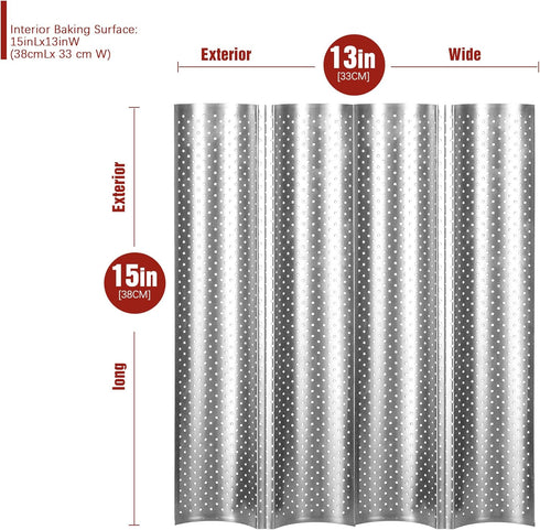 KITESSENSU Nonstick Baguette Pans for French Bread Baking, Perforated 4 Loaves Baguettes Bakery Tray, 15" x 13", Silver