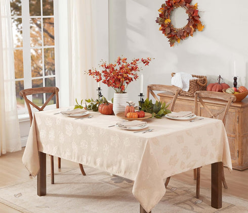 52 52 Inch, Newbridge Taupe Tremont Leaf Damask Square Fabric Spring Lodge Tablecloth, x Elegant Holiday Swirling Leaf