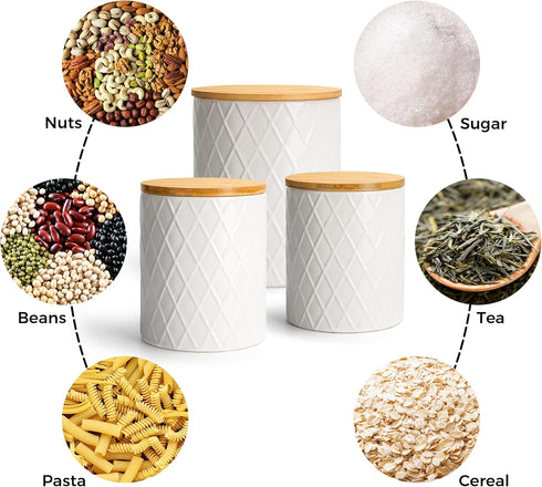 Set 3 Sets Counter, Set MIAMIO of Canister for Kitchen Ceramic Kitchen Canister with Airtight Seal Wooden Lid - Perfect
