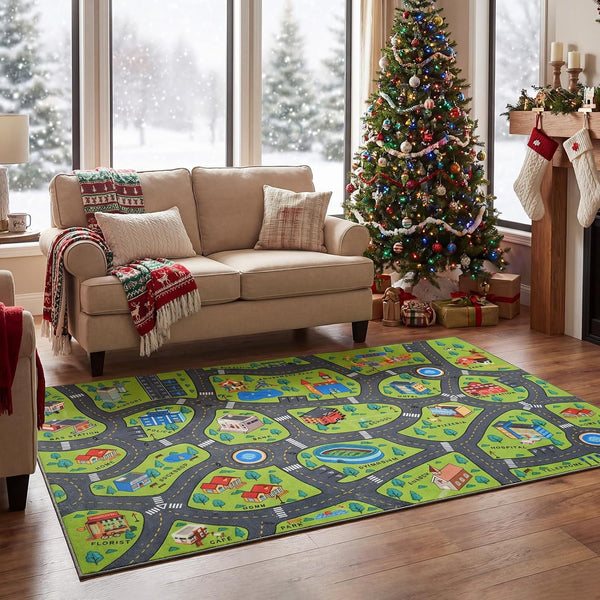 Merelax 3x5 Kids Car Area Rug, Green Grey Area Road Rugs for
