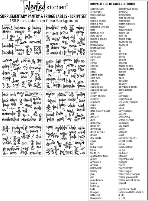 Talented Kitchen 158 Pieces Food Storage Labels for Glass Containers, Preprinted Black Script on Clear Stickers (Water