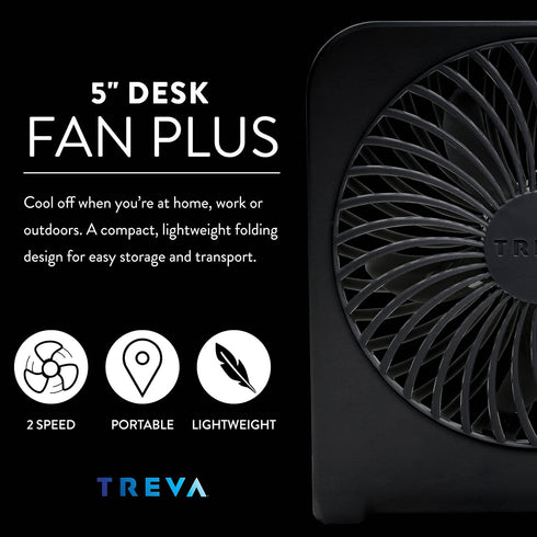 Treva 5-Inch USB & Battery Powered Desk Fan, Two Cooling Speeds, Adjustable Tilt, Durable Small Fan for Cubicle (Black)
