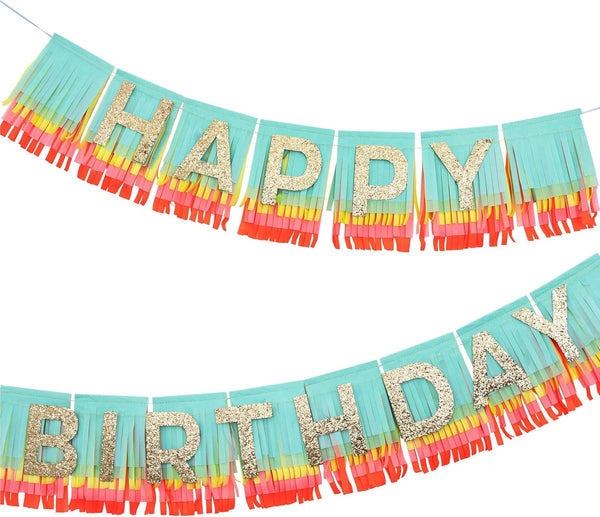 Meri Meri Rainbow Fringe Happy Birthday Banner, 8' Party Garland with Excess Cord for Celebration