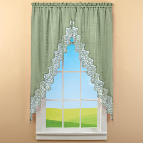 Collections Etc Elegant Lace Border Trim & Solid-Color Window Curtain Sage Swags