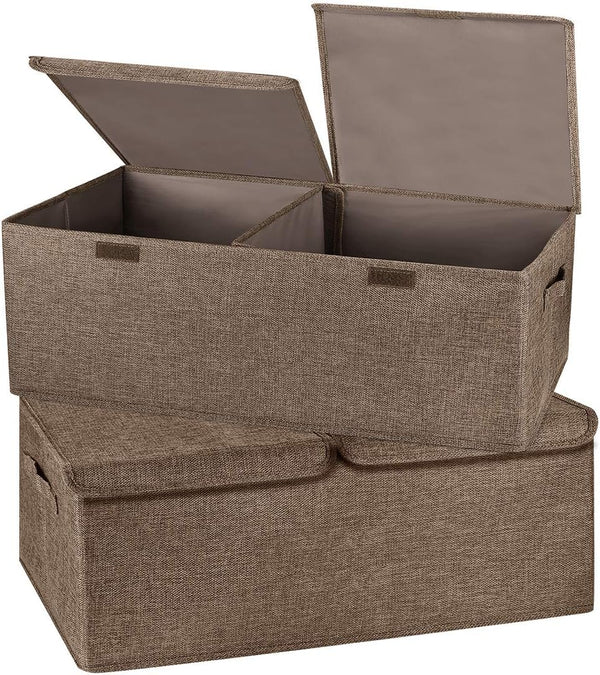 2 Pack Storage Boxes with Lids and Handles | Collapsible Linen Storage Bins Organizer Containers for Home Bedroom Office
