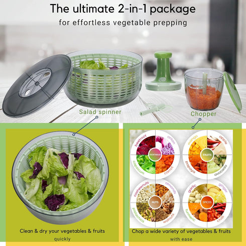 6.3-Quart 0.95-Quart Brieftons Salad Spinner and Chopper: Large Lettuce Greens Vegetable Washer Dryer, with Bonus