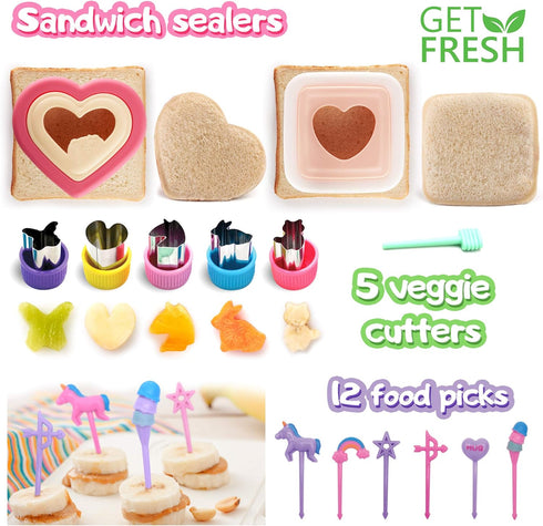 GET FRESH Sandwich Cutters and Sealers for Kids – 20-pcs Set with 2 Bread Cutters, 5 Vegetable Shapes, 12 Unicorn Picks