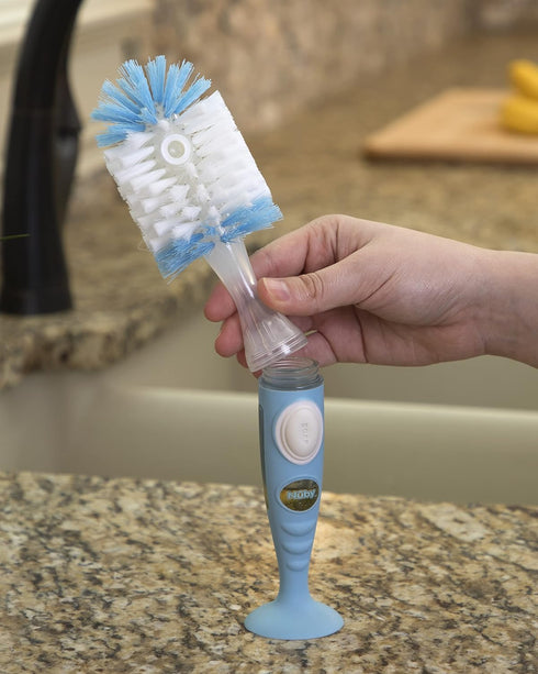 2 1 Nuby Easy Clean Dispensing Soft and Durable Bristle Bottle Brush with Textured Handles and Suction Base, in System