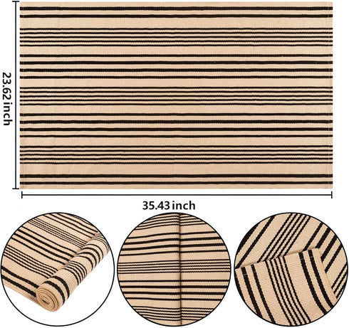Front Outdoor Door Mat 2'x3',Tan Black Striped Outdoor Rug Machine Washable Cotton Layered Door Mat Entryway Throw Rug for Indoor Entrance by BUAGETUP