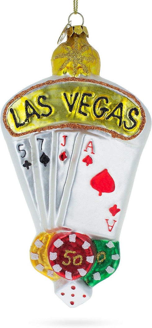 Las Vegas Casino Blown Glass Christmas Ornament with Playing Cards & Chips
