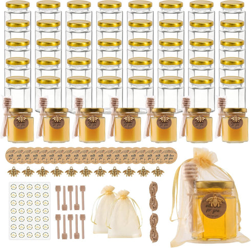 SZUAH 48 Pack 3 oz Mini Honey Jars with Dipper, Glass Hexagon