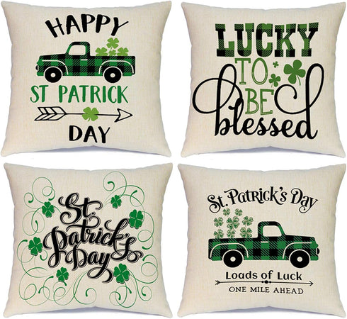 Ueerdand St Patrick's Day Pillow Covers, Set of 4 Shamrock Decorations, Green Clover Buffalo Plaid Cushion Covers