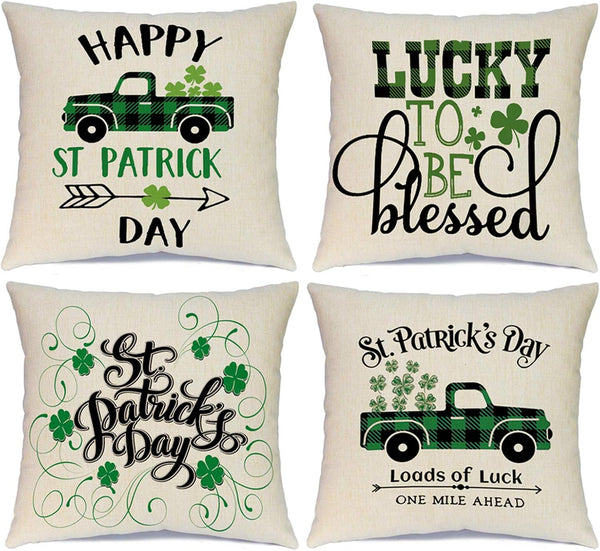 Ueerdand St Patrick's Day Pillow Covers, Set of 4 Shamrock Decorations, Green Clover Buffalo Plaid Cushion Covers