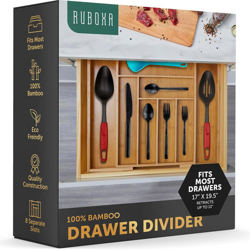 RUBOXA Expandable Bamboo Drawer Organizer, Modern Silverware Tray for Kitchen Utensils, Cutlery, Office Supplies,