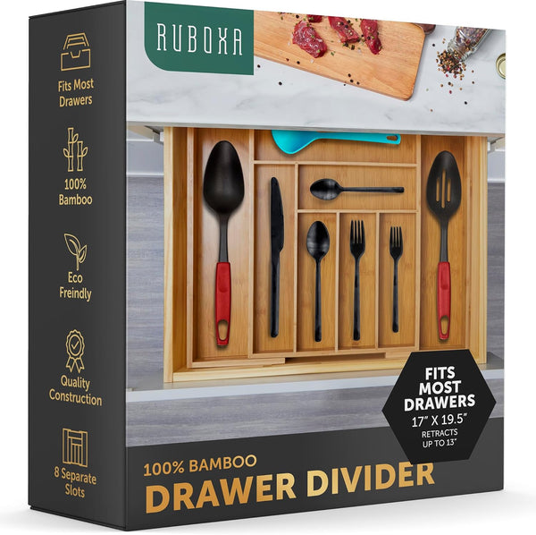 RUBOXA Expandable Bamboo Drawer Organizer, Modern Silverware Tray for Kitchen Utensils, Cutlery, Office Supplies,