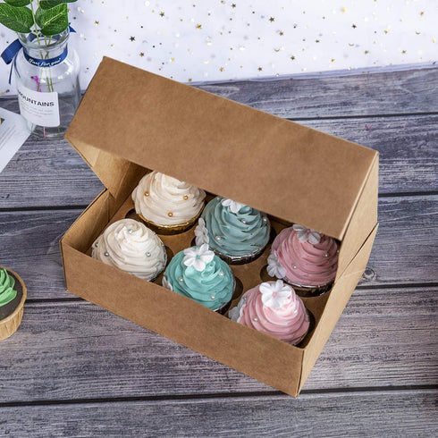 ONE MORE Cupcake Boxes with Inserts, 6 Holders, 9.5x6.3x3inch Large Brown Kraft Bakery Boxes with Window, Pack of 15