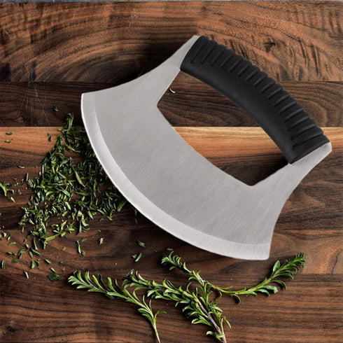 KAYCROWN Mezzaluna Knife: Pizza Cutter Salad Chopper - Stainless Steel Sharp Rocker Ulu Knife with Cover