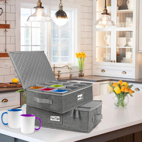LotFancy Cup and Mug Storage Container, Hard Shell Coffee Mug Box with Dividers & Handles, Holds 12 Tea Cups, Grey