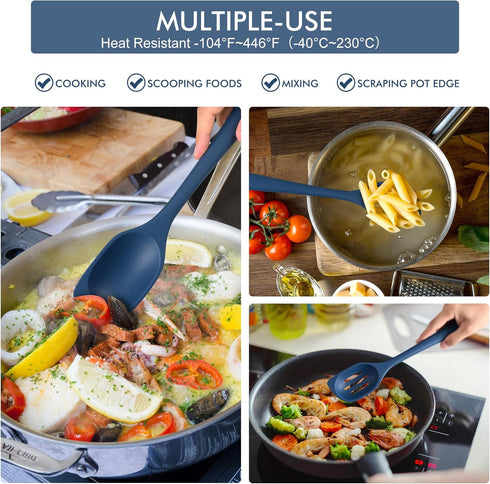 HOTEC Heat Resistant Silicone Cooking Spoon Spatula, Large Solid and Slotted Spoons, Non-stick, Dishwasher Safe,