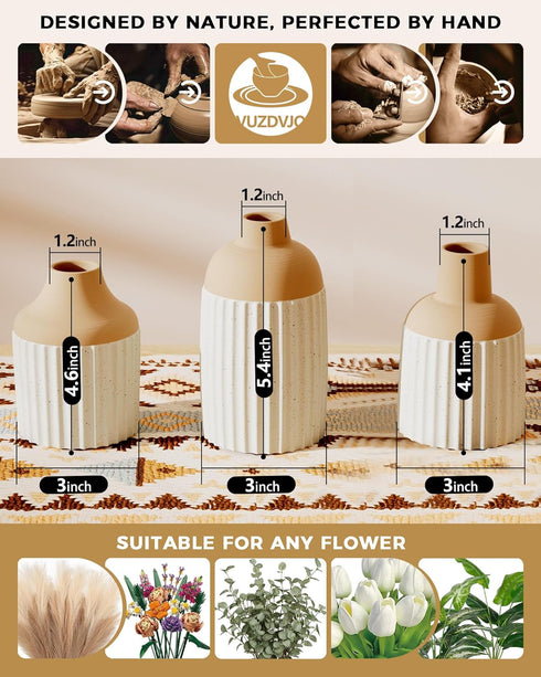 VUZDVJO Set 3 Beige Decorative Vase of - Modern Boho Style Ribbed Ceramic Bud Vases for Flowers, Mini Small Vases