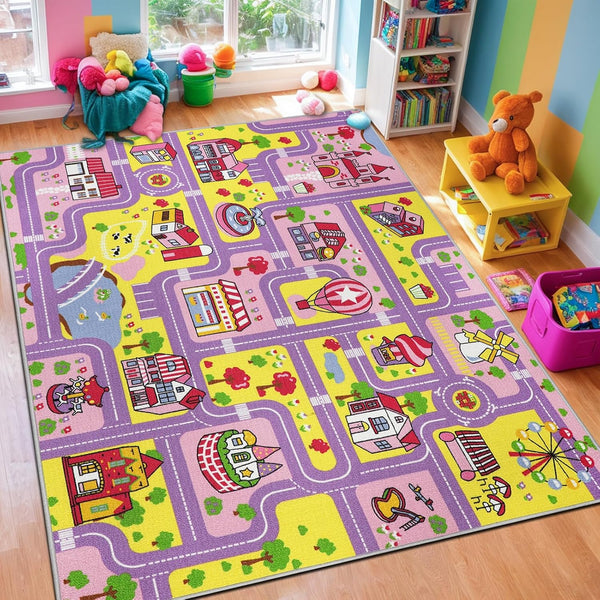 Capslpad Kid Rug for Playroom Purple Play Rug Traffic Road Car Play
