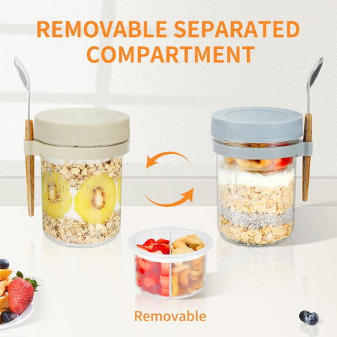 2 Pack 16 oz Xyptorix Overnight Oats Containers with Lids and Spoons, Mason Jars with Removable Separate Compartments