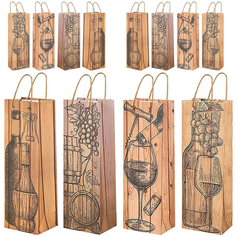 Wine Gift Bags for Wine Bottles, 12 Pack Paper Set with Wood Grain, Bulk for Holiday, Wedding, Birthday