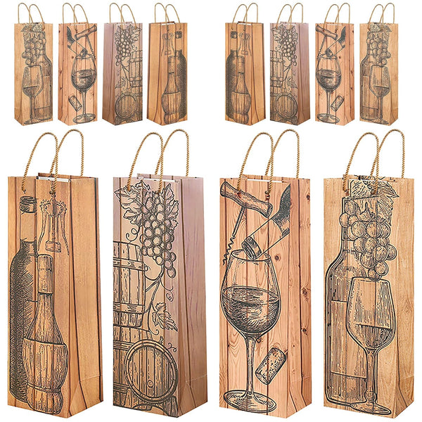 Wine Gift Bags for Wine Bottles, 12 Pack Paper Set with Wood Grain, Bulk for Holiday, Wedding, Birthday