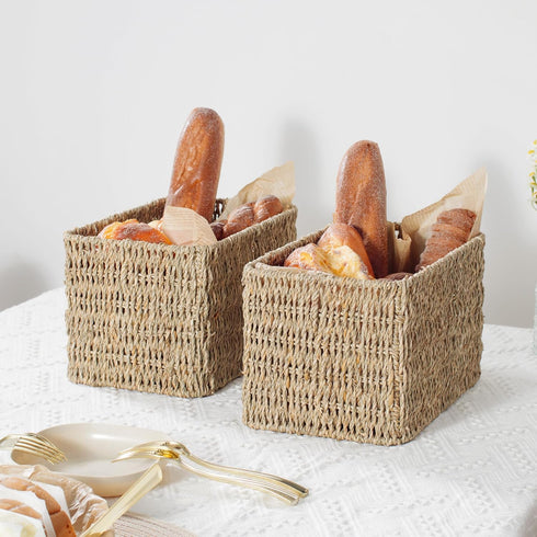 JS HOME Set of 3 Seagrass Wicker Baskets, Large and Small Organizing Baskets with Built-in Handles, Shelf Organizer