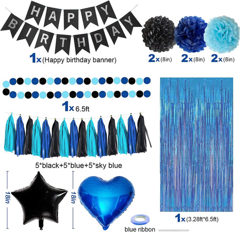 Blue and Black Happy Birthday Party Decorations Kit, Banner, Fringe Curtain, Foil Balloons, Cake Topper for Birthday
