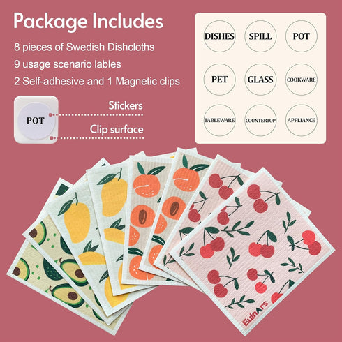 8 Pack Eulnars Swedish Dishcloths for Kitchen, Reusable Paper Towels with Clips, Non-Scratch Swedish Kitchen Towels