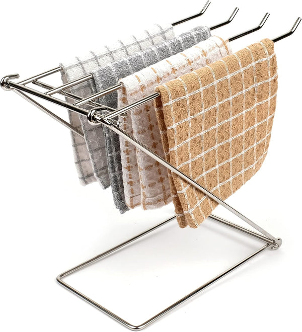 Stainless Steel Washcloth Holder - 4 Arms Folding Towel Drying Rack for Kitchen Countertop, Bathroom, Silver