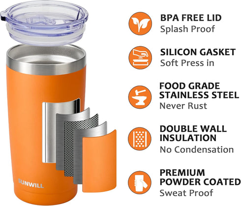 SUNWILL Travel Coffee Tumbler 20 oz - Insulated Mug with Lid, Stainless Steel Cup for Hot and Cold Drinks, Orange