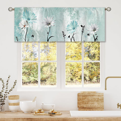 Teal Daisy Curtain Valance, Farmhouse Flower Rod Pocket Window Treatment for Bathroom, Bedroom, Living Room