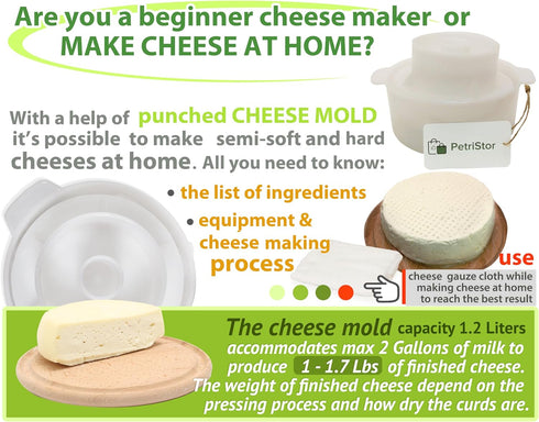 PetriStor Cheese Mold for Cheese Making, 1.3QT with Follower Piston and Cheesecloth
