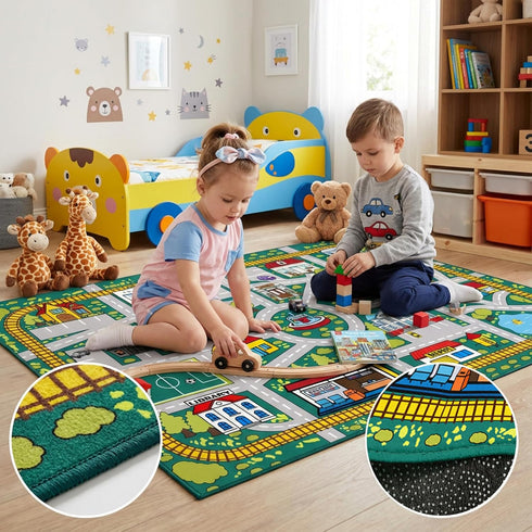 Plyra (3x5 Kids Car Road Rug Ft), Non-Slip City Traffic Play Mat for Toy Cars, Train Track Carpet for Kids Room