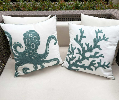Embroidered Cute Nautical Animal Pillow Cover - Square 18 Inches Decorative Canvas for Nautical Style Deco