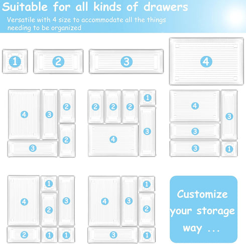 DCA 25 PCS Clear Plastic Drawer Organizer Tray, Storage Bins for Makeup, Kitchen Utensils, Office