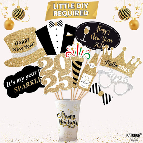 KatchOn Photo Booth Props for New Years Eve 2025 | Huge Pack of 35 | Happy New Year Decorations and Party Supplies