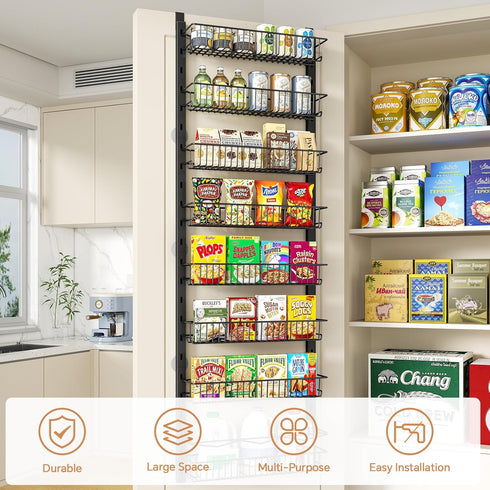 MIAOLI 8-Tier Over the Door Pantry Organizer, Adjustable Spice Rack Cabinet Door Shelves, Hanging Seasoning Organizer