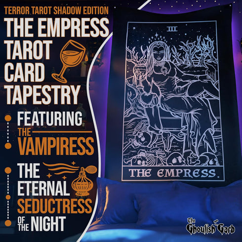 The Empress Tarot Card Tapestry (Black & White) - Gothic Halloween Home Decor Wall Hanging, Female Vampire (60" x 50")