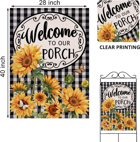 Home Decorative Welcome to Our Porch Spring Summer Sunflower House Flag, Black White Buffalo Plaid Check Yard Outside Decoration, Fall Autumn Farmhouse Outdoor Large Decor 28 x 40