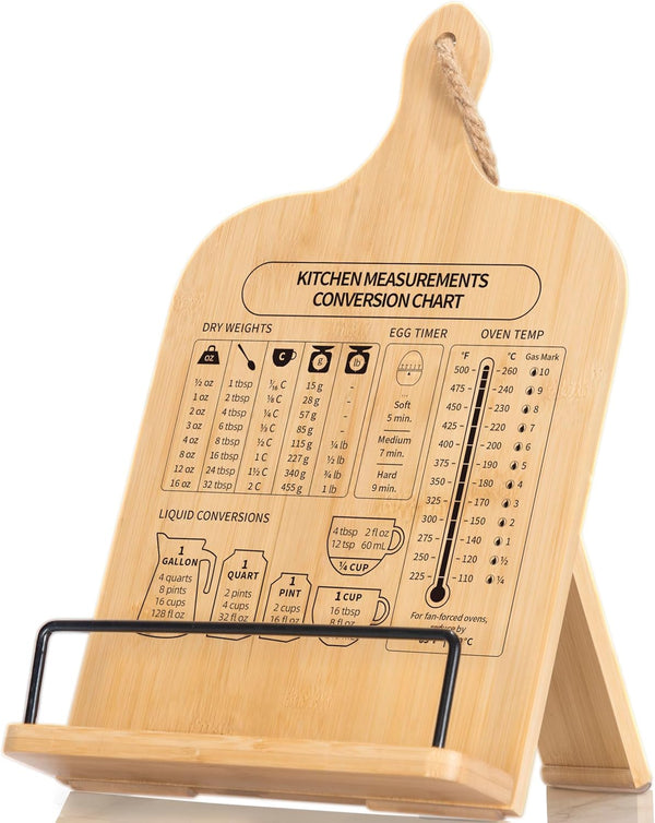 Bamboo Cookbook Stand: Sturdy Holder with Measurement Conversion Chart for Kitchen