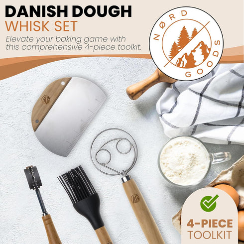 Danish Dough Whisk For Sourdough- 4 Pcs Bread Making Tools And Supplies Kit With Bread Dough Whisk, Wooden Bench Scraper, Bread Lame & Pastry Brush- Bread Dough Whisk Tools For Baking by NORDGOODS