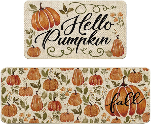Baccessor Pumpkin Fall Kitchen Mats Set of 2, Pumpkins Floral Non Slip Absorbent Thanksgiving Fall Decor 17x29 17x47