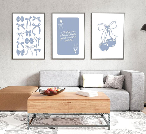 Preppy Blue Bows Canvas Wall Art | Trendy College Apartment Prints, Lucky Girl Syndrome Posters, Aesthetic Girly Wall