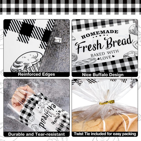50 10 20 Inch Sabary Pcs Homemade Bread Bags with Ties Black Buffalo Plaid Bread Loaf Bags Plastic Clear Gift Storage