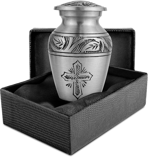 Trupoint Memorials Small Urns for Human Ashes, Keepsake Mini Cremation Urn, Silver Cross.
