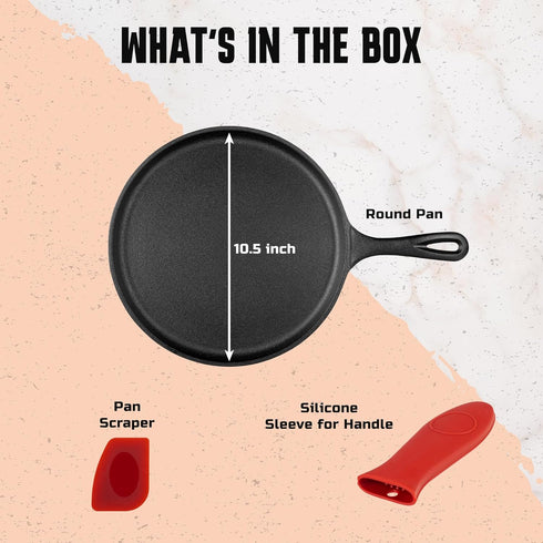 Cast Iron Round Griddle 10.5 Inch, Pre-Seasoned Pan with Heat-Resistant Handle for Indoor Outdoor Cooking
