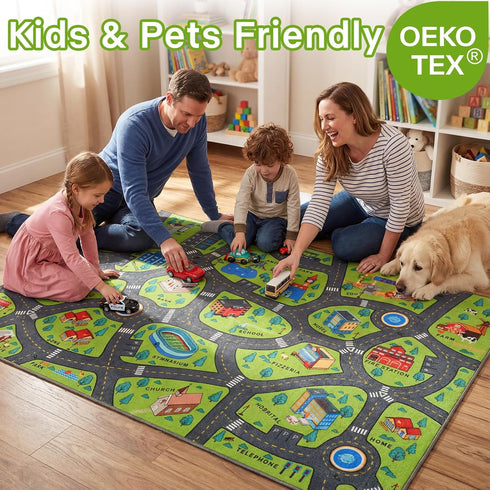 4x6 3-12 Merelax Kids Car Area Rug, Green Grey Area Road Rugs for Living Room Playroom Classroom Bedroom, Non Slip Kids